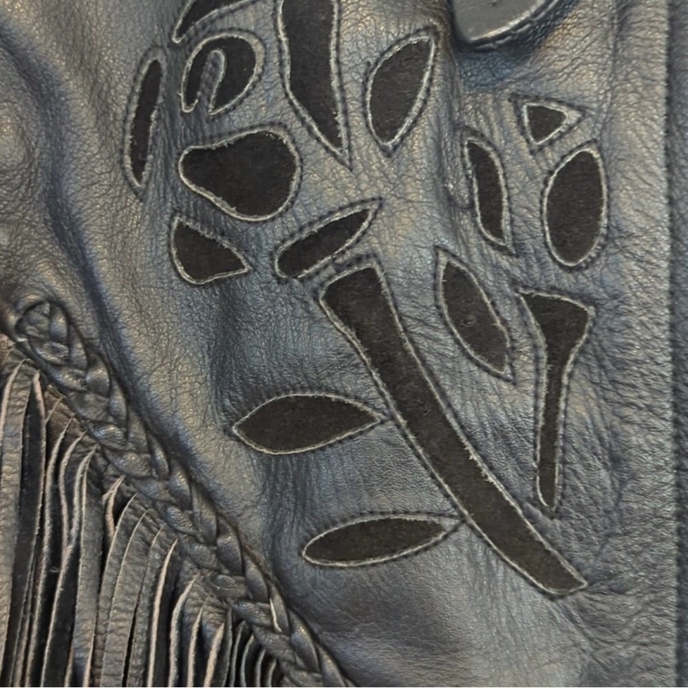 Vintage Leather Jacket  Black Fringe And Roses - Picture 6 of 6